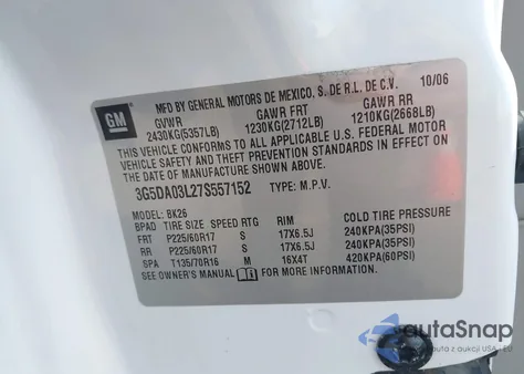 2007 Buick Rendezvous Cx z USA, uszkodzony, nr VIN 3G5DA03L27S557152